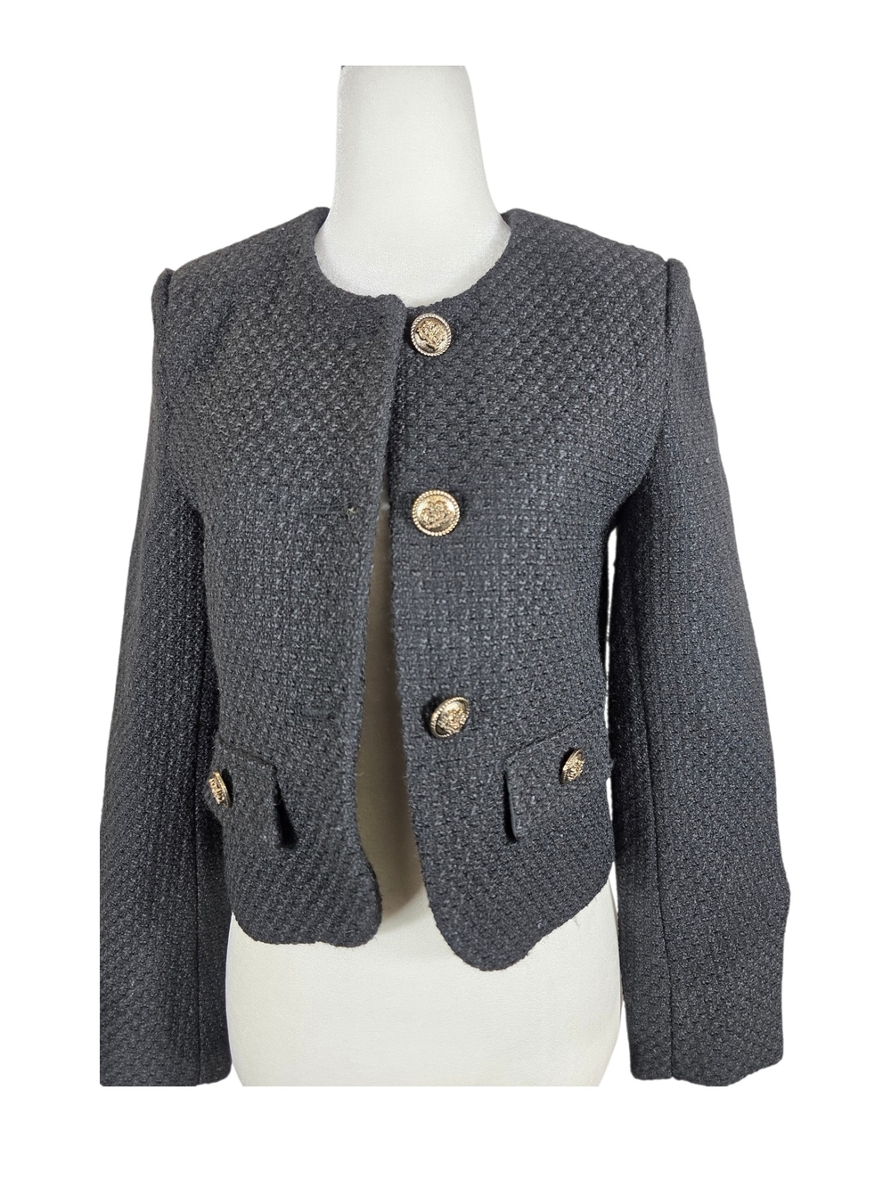 Urban Revivo Textured Tweed Cropped Collarless Blazer with Gold Buttons